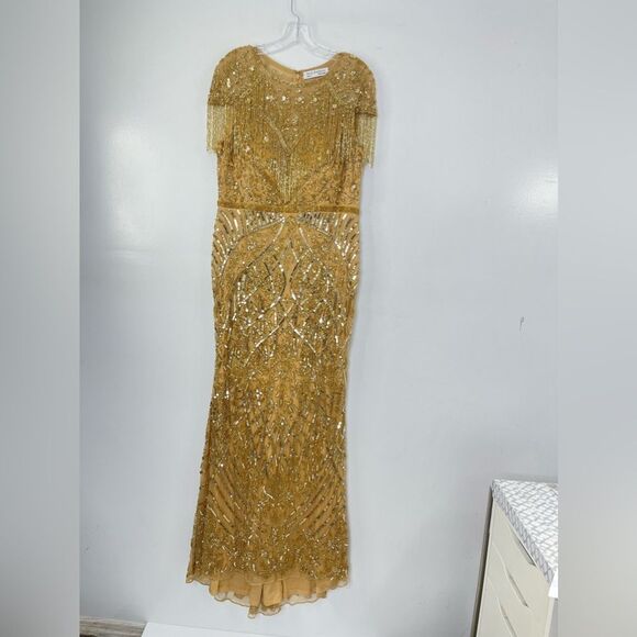 Mac Duggal 4715 Size 10 Embellished Fringe Cap Sleeve Trumpet Gown, Light Gold - Picture 3 of 16